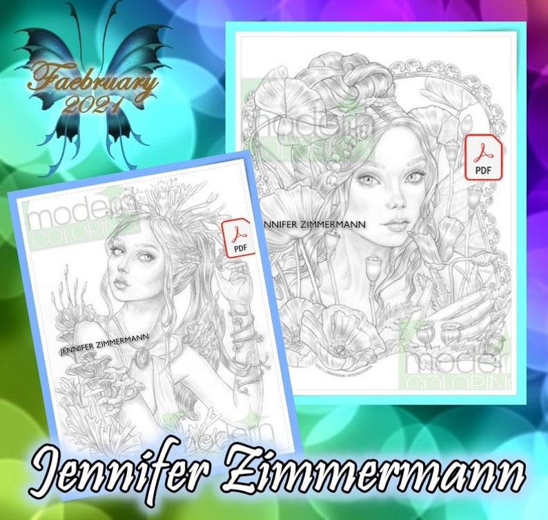 K&ouml;nnte beinhalten: Zwei schwarz-wei&szlig;e druckbare Malvorlagen mit detaillierten Illustrationen von Frauen mit floralen Elementen. Die Seiten sind mit "Jennifer Zimmerman" betitelt.