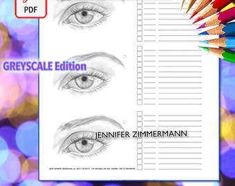 Rasgos faciales, práctica, tonos de piel, práctica visual, retrato, una página, escala de grises, dibujado a mano, página para colorear, imprimible, PDF, jennifer zimmermann