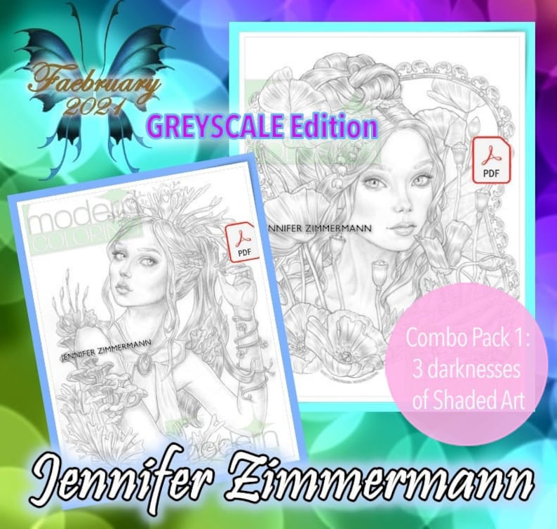 K&ouml;nnte beinhalten: Eine Graustufen-Malvorlage mit einer Frau mit langen Haaren und einer Blumenkrone. Der Text "Faebruary 2021 GREYSCALE Edition" befindet sich oben auf der Seite. Der Text "Jennifer Zimmermann" befindet sich unten auf der Seite.