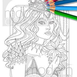 May include: A black and white line drawing of a woman with long flowing hair wearing a crown with a snowflake design. She is holding a star-shaped object in her hand.