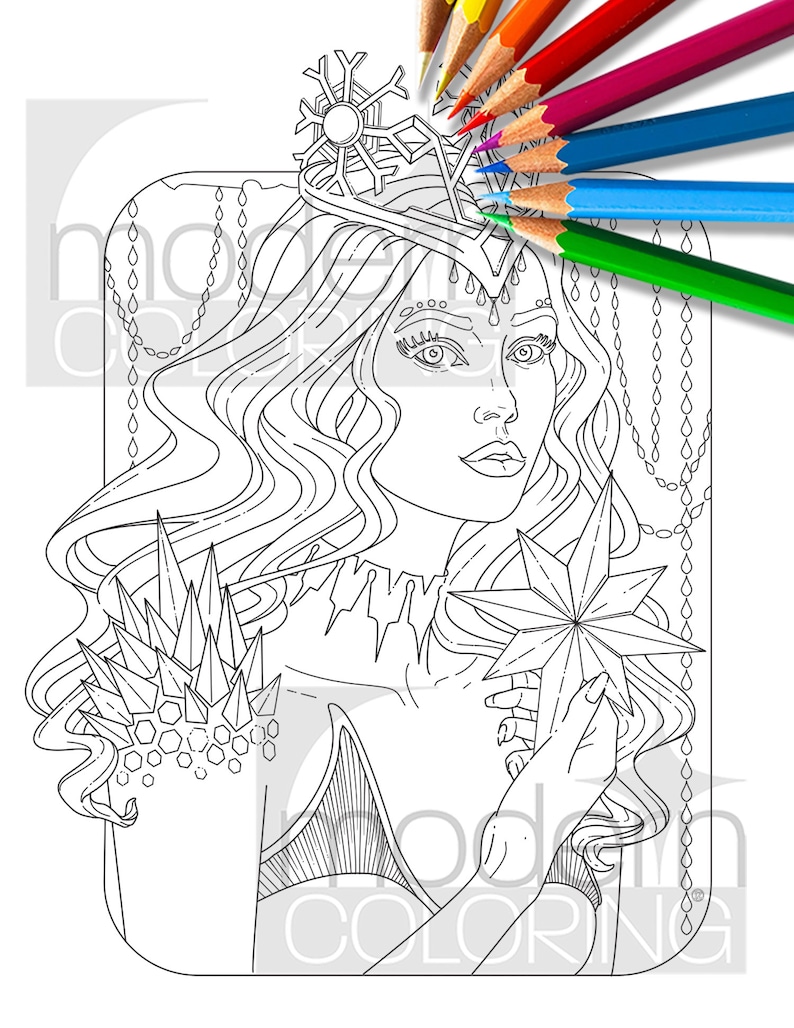 May include: A black and white line drawing of a woman with long flowing hair wearing a crown with a snowflake design. She is holding a star-shaped object in her hand.