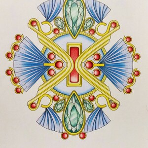 May include: A colorful geometric design with a central red and gold rectangle surrounded by blue and green teardrop shapes. The design is framed by a gold border and features red and gold accents.