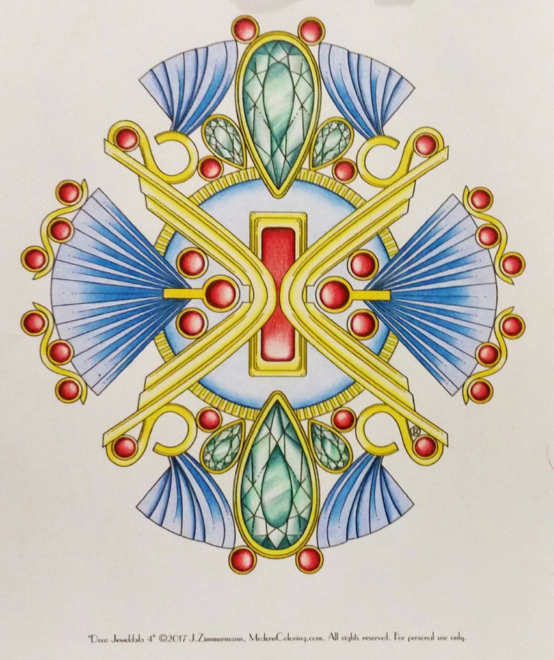 May include: A colorful geometric design with a central red and gold rectangle surrounded by blue and green teardrop shapes. The design is framed by a gold border and features red and gold accents.