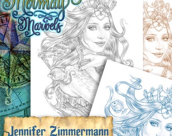 Mermay Marvels, Mermay, sirenas, Atlantic Abby, escala de grises, escala de grises, página para colorear, sepia, imprimible, retrato, belleza, PDF, jennifer zimmermann