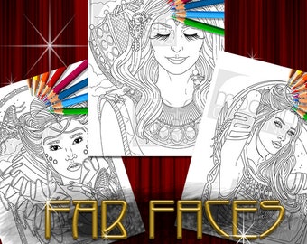 3 pages from Bella Futura: Coloring Book of Beauties & Beasts of the Future, Set 1 – fab faces, women, animals, digital download, adult, PDF