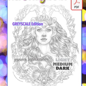 Mermay coloring page, mermaids, Calypso, portrait, single page, ocean theme, greyscale, queen of the sea, printable,PDF, jennifer zimmermann