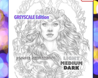 Página para colorear Mermay, sirenas, Calypso, retrato, página única, tema del océano, escala de grises, reina del mar, imprimible,PDF, jennifer zimmermann