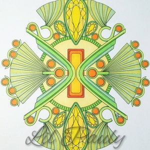 May include: A symmetrical geometric design with a green, yellow, and orange color scheme. The design features a central rectangle with a diamond shape above and below it. The diamond shapes are surrounded by smaller diamond shapes and circles.