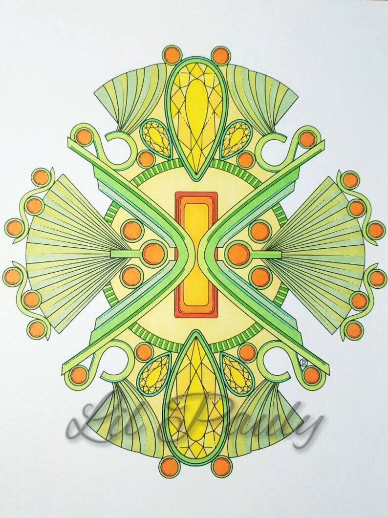May include: A symmetrical geometric design with a green, yellow, and orange color scheme. The design features a central rectangle with a diamond shape above and below it. The diamond shapes are surrounded by smaller diamond shapes and circles.