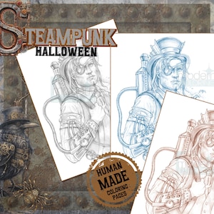 Puede incluir: Tres dibujos en blanco y negro de un personaje steampunk con un sombrero de copa, gafas y una mochila mecánica. El texto "STEAMPUNK HALLOWEEN" está en la parte superior de la imagen. El texto "HUMAN MADE COLORING PAGES" está en la parte inferior de la imagen.