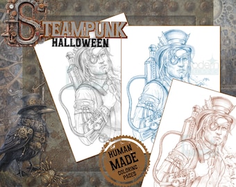 SteamPunk Sawyer, steam punk, dibujado a mano, lápiz, arte lineal, página para colorear, retrato, hombre guapo, chico, forajido, descargable,PDF,zimmermann