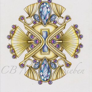 May include: A gold and purple geometric design with a central cross shape. The design features a variety of gemstones, including blue and purple.