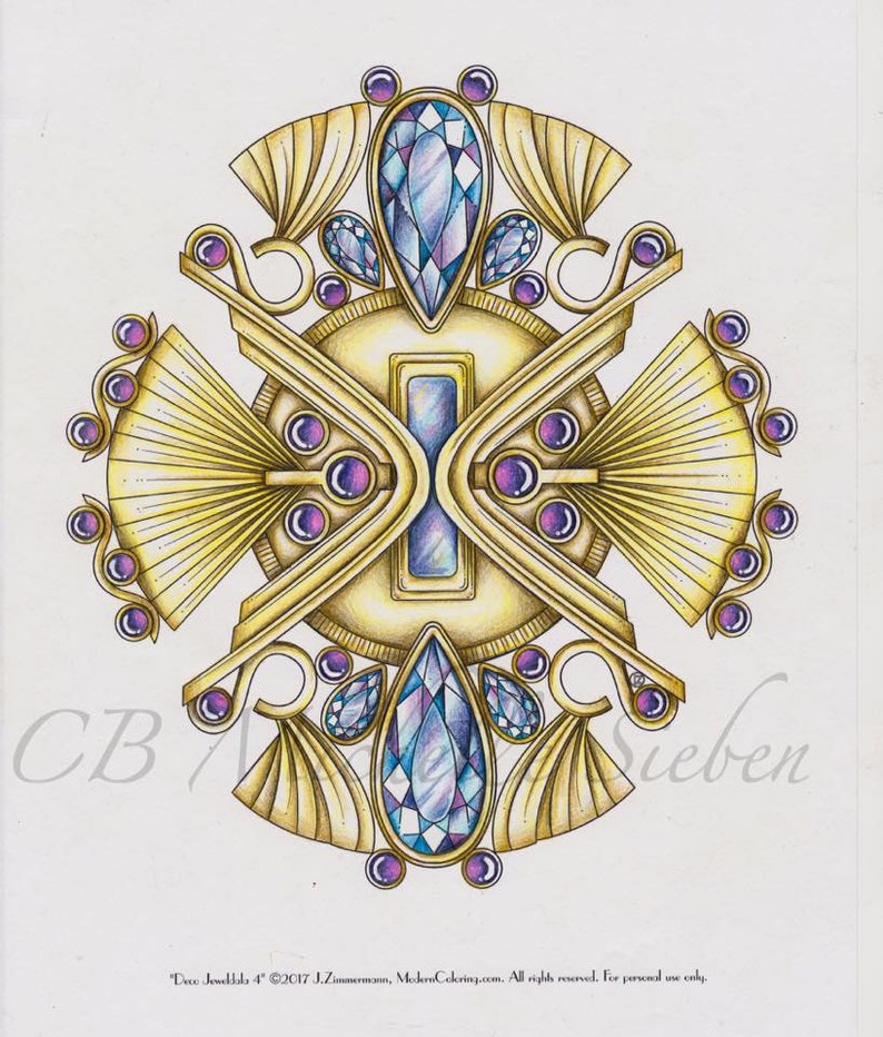 May include: A gold and purple geometric design with a central cross shape. The design features a variety of gemstones, including blue and purple.
