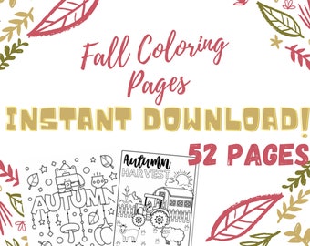 May include: A printable coloring book with 52 pages featuring fall-themed illustrations. The cover shows a tractor with a barn in the background and the text "Autumn Harvest".