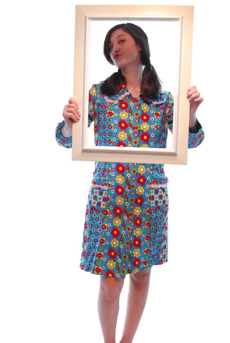 Womens Dresses.Vintage Dress.Vintage Clothing.Blue Floral Print Vintage Dress For Women 1970s.Womens 70s.Vintage.Women Clothing.Size M