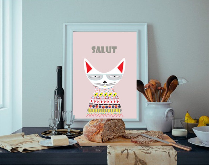 SALE Cats, France Print, Cat Print, Wall Decor, Digital Illustration,Drawing, Digital Print, Wall Art,Wall Hanging,Hello in France Languages image 4