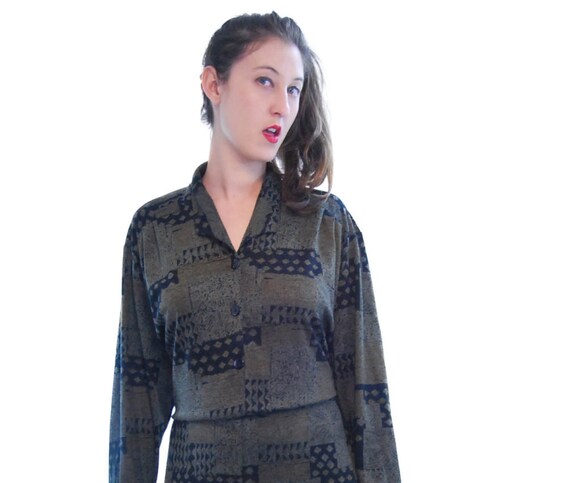 Vintage Dress. Vintage Clothing.Long Dress.Maxi dress.Moss Green Geometric Print Vintage Dress For Women 1970s.70s Fashion. Free Shipping