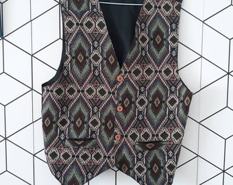 Womens Vest, 70's Vest, Vintage Vest, Vest for women, 1970 Jacket, Brown Geometric Print, Vintage Vest For Women 1970's, Retro Vest,  Size M