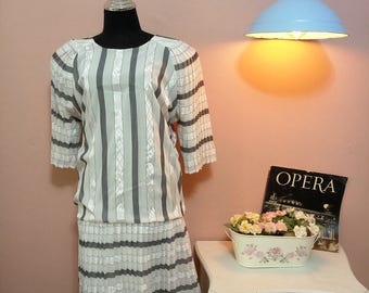 Black and White Pleated Vintage Dress For Women 1980s