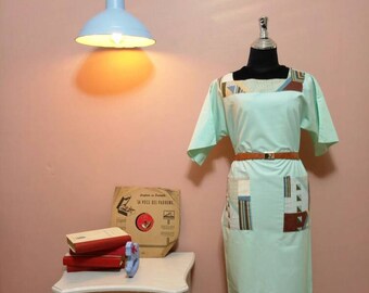 Day Dress, Geometric, Old School Vintage Dress For Women 1980’s, 80's Dress, Mint Dress, 1980 Dress, Women's Dress, 80's Dress, Size M-L