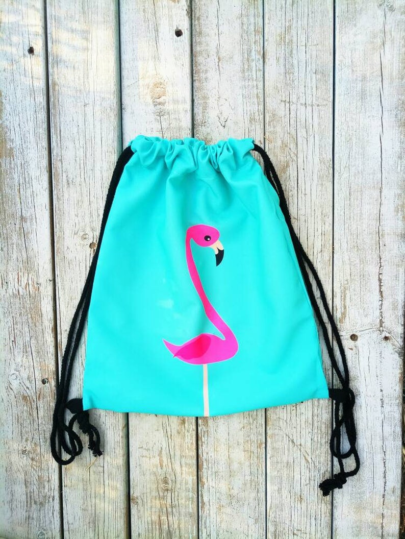 Flamingo Bag, Backpack, Fabric Backpack, Light Blue Backpack Bag, Drawstring Bag,drawsting Tote