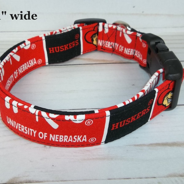 Nebraska Cornhuskers Dog Collar custom made by Terri's Dog Collars adjustable University of Nebraska NCAA fabric black and red block