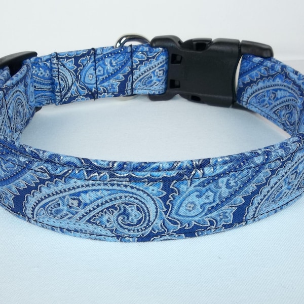 Sparkly Navy Blue Gold Paisley fabric Dog Collar custom made by Terri's Dog Collars adjustable