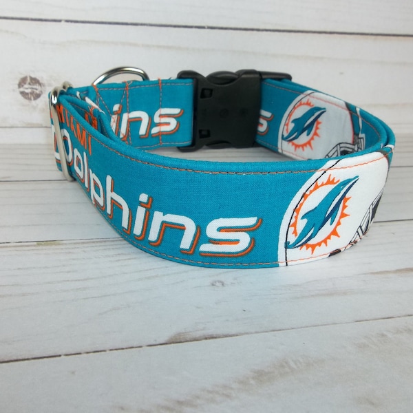 Miami Dolphins NFL Dog Collar handmade by Terri's Dog Collars adjustable made with team fabric 2022 new version
