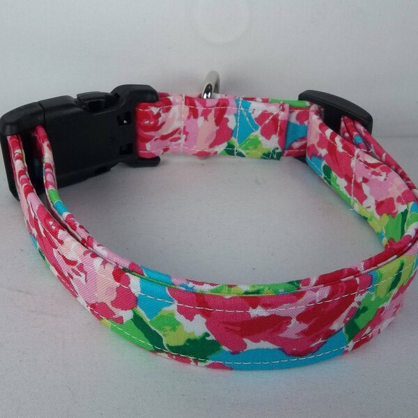 Aqua Pink Blue Chunky Rose Flower Floral Bold fabric Girl Dog Collar custom made by Terri's Dog Collars adjustable Girl's Roses hot pink BFF