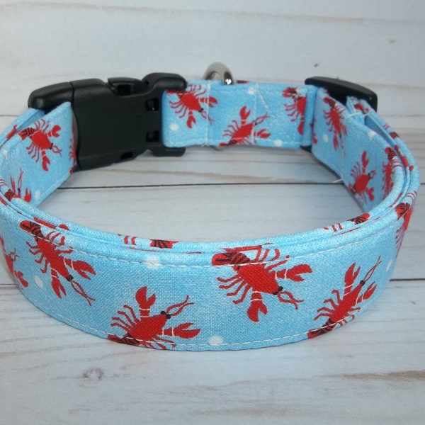 Red LOBSTER on blue fabric Terri's Dog Collar handmade adjustable beach nautical fun fabric perfect for a boy or girl