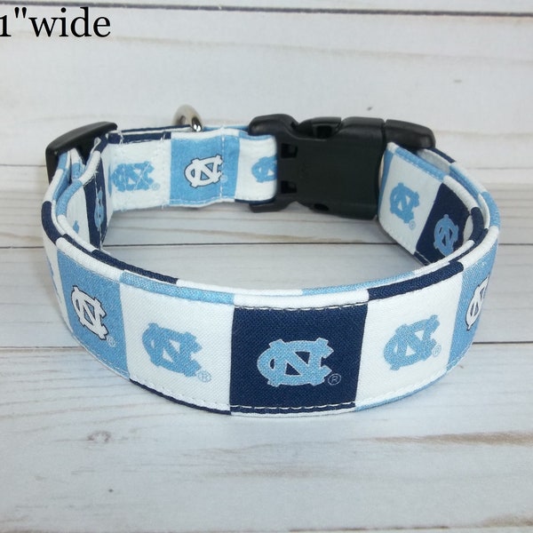 NC Tar Heels Dog Collar custom made by Terri's Dog Collars adjustable University of North Carolina block NCAA fabric