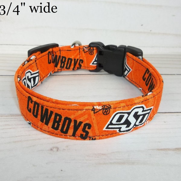 Oklahoma State OSU Cowboys Dog Collar custom made by Terri's Dog Collars adjustable NCAA orange black toss fabric