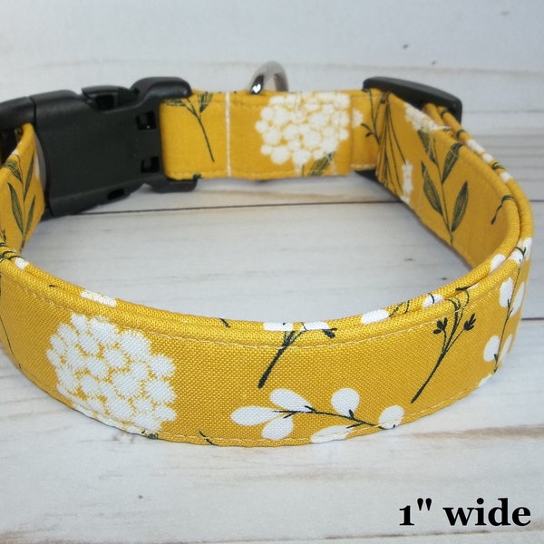 Mustard Yellow and White Girl Flower Floral fabric Dog Collar custom made by Terri's Dog Collars adjustable charming Spring Girls Pet