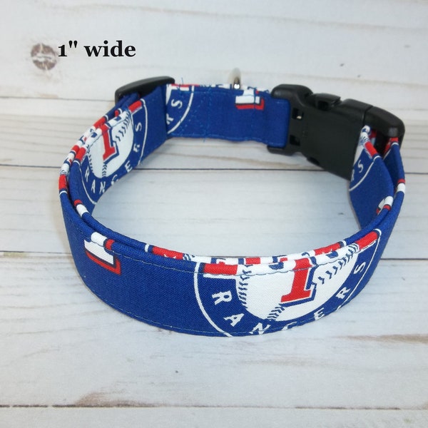 Texas Rangers MLB Dog Collar handmade by Terri's Dog Collars adjustable made with baseball team fabric boy girl gift Bff available