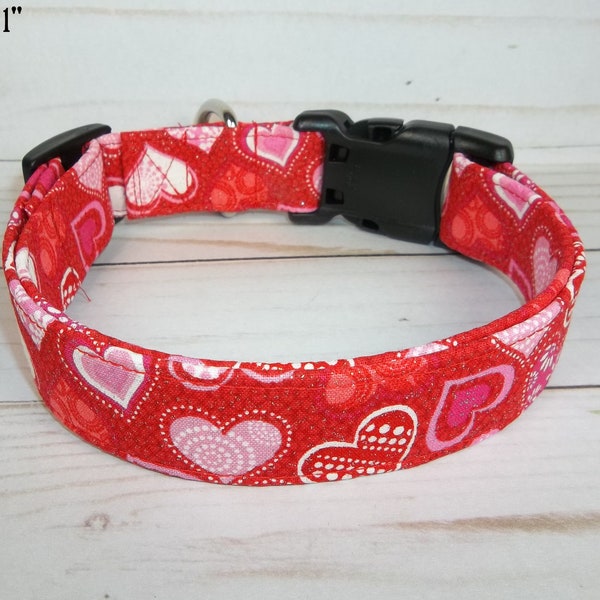 Red with Pink Hearts Valentine's Day Love fabric Dog Collar custom made by Terri's Dog Collars adjustable pet gift female heart sparkle