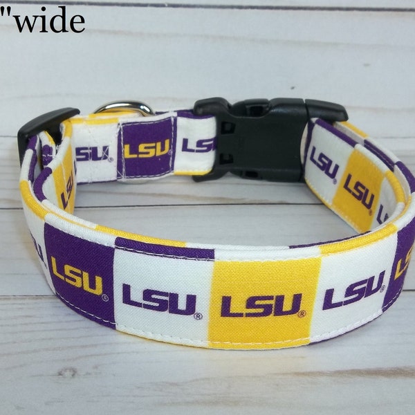 LSU Tigers Dog Collar custom made by Terri's Dog Collars adjustable University of Louisiana NCAA fabric purple gold block