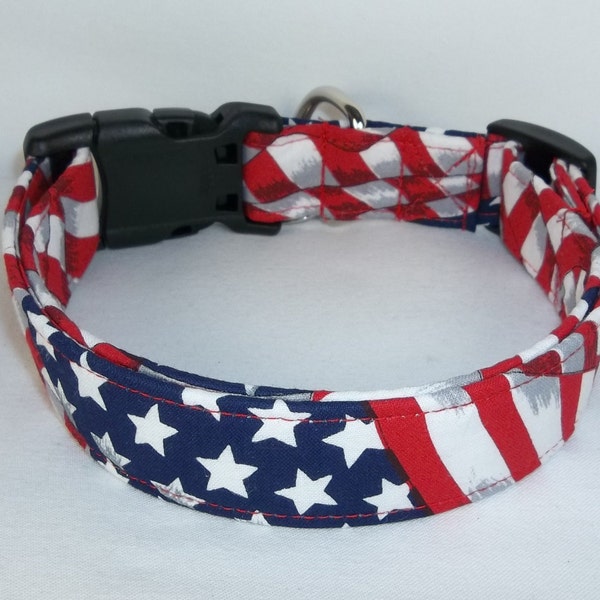 USA Flag Waving Red White & blue Stars Stripes Patriotic fabric Dog Collar custom made by Terri's Dog Collars adjustable 4th of July Holiday