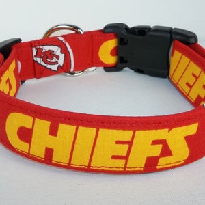 Kansas City Chiefs NFL Dog Collar handmade by Terri's Dog Collars adjustable made with team fabric