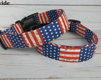 2020 USA Old World Red White & blue Stars and Stripes Patriotic Dog Collar custom made by Terri's Dog Collars small fabric adjustable