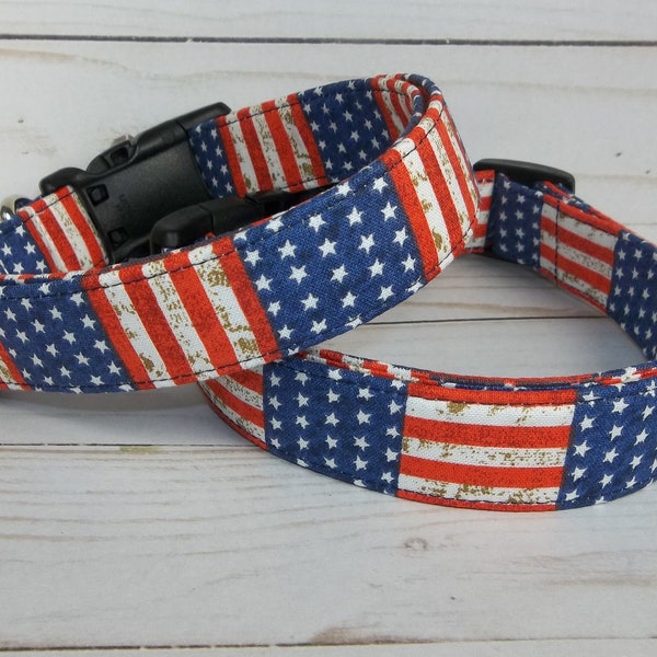 2020 USA Old World Red White & blue Stars and Stripes Patriotic Dog Collar custom made by Terri's Dog Collars small fabric adjustable