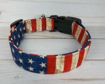 USA Old World Red White & blue Stars and Stripes Patriotic Dog Collar custom made by Terri's Dog Collars fabric adjustable 4th of July