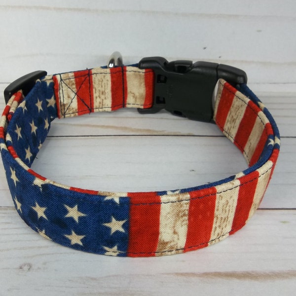 USA Old World Red White & blue Stars and Stripes Patriotic Dog Collar custom made by Terri's Dog Collars fabric adjustable 4th of July