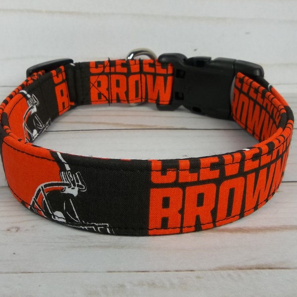 Cleveland Browns NFL Dog Collar handmade by Terri's Dog Collars adjustable made with team fabric orange brown