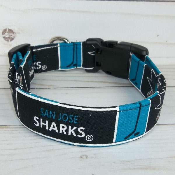 San Jose Sharks Dog Collar custom made by Terri's Dog Collars adjustable NHL Hockey block teal black fabric