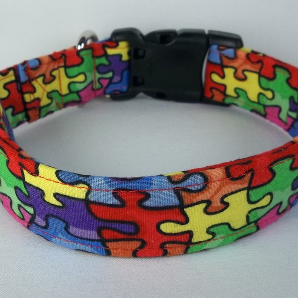 Autism Awareness Puzzle Pieces fabric Dog Collar custom made by Terri's Dog Collars adjustable