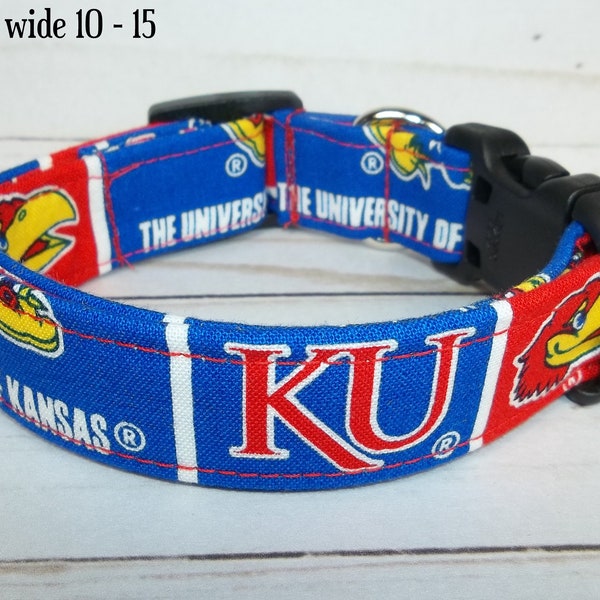 KU University of KANSAS Jayhawks Fabric Dog Collar custom made by Terri's Dog Collars adjustable NCAA block blue red fabric