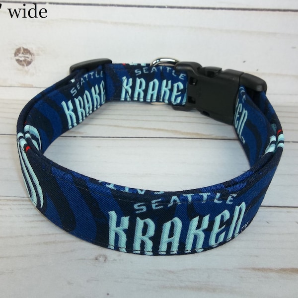 Seattle Kraken Dog Collar custom made by Terri's Dog Collars adjustable NHL Hockey fabric