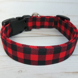 Red Black Buffalo Check mini Plaid Winter Holiday fabric Dog Collar custom made by Terri's Dog Collars adjustable charming fabric