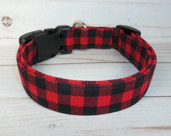 Red Black Buffalo Check mini Plaid Winter Holiday fabric Dog Collar custom made by Terri's Dog Collars adjustable charming fabric