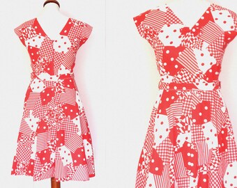 Vintage 1950 's V-hals jurk/korte mouw katoenen jurk/rood & wit/maat S